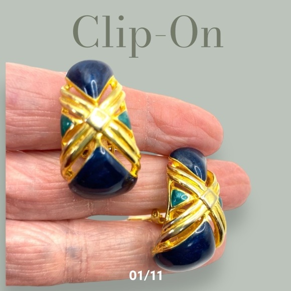 Chunky Gold Half Hoop Enamel Vintage Clip-On Earrings - Picture 1 of 9